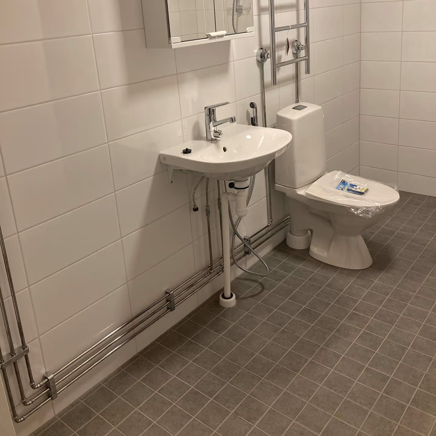 Kylpyhuone, jossa on valkoinen pesuallas, wc-istuin ja seinällä kulkevat putket.
