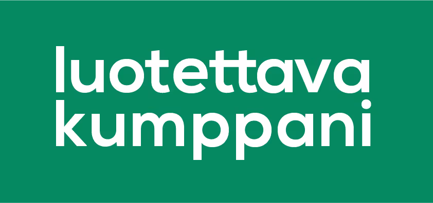 Valkoinen teksti "luotettava kumppani" vihreällä taustalla.